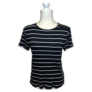 Lauren Ralph Lauren Black & White Striped Short Sleeve Tee Size Large Petite